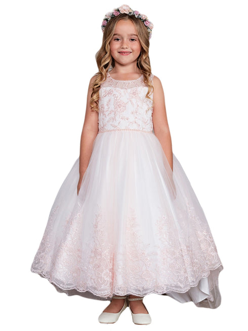 Girls Multi Color Sleeveless Lace Hem Tail Communion Dress 2-16 - SophiasStyle.com